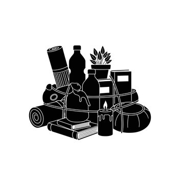 A minimalist vector illustration of a self-care and wellness bundle with various items