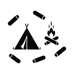 Campfire with burning logs and tipi tent in wilderness silhouette graphic © MSTMOZIDA