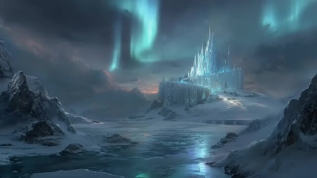 Crystalline fortress amidst icy landscape under shimmering polar lights