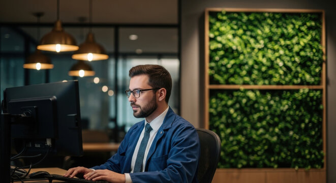 Portfolio manager in office using AI software on laptop to evaluate capital allocation based on economic graphs. Day trader using deep learning on notebook to do research driving growth 