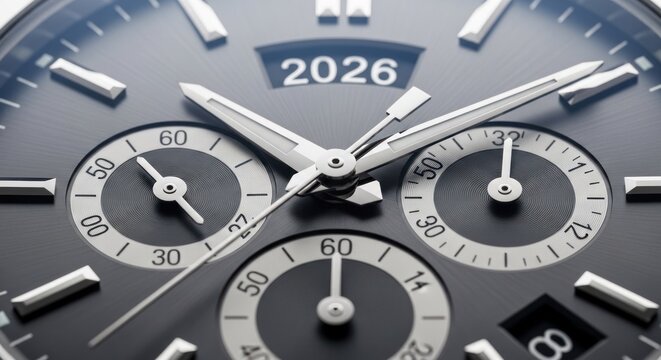 Close-up of a sophisticated chronograph watch face displaying the year 2026.