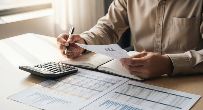 Deduction planning, debt asian accountant hand using calculator to calculating money balance from bill and income, cost budget expenses for pay money form personal individual on table at home. 