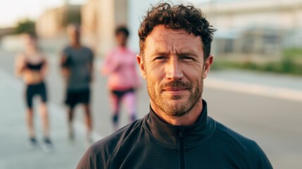 Fototapeta premium Athletic coach giving motivational speech to team, sunset background, outdoor setting.