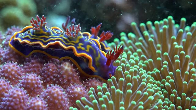 Vibrantly patterned nudibranch on colorful coral reef