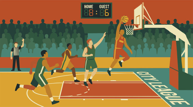 Retro basketball game illustration: players, referee, scoreboard, and crowd.
