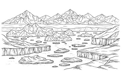 A minimalist line art illustration of a mountainous landscape with cliffs and rocks © Nirob