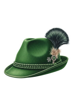 Ultra-realistic digital watercolor of an iconic emerald green bavarian tyrolean (trachten) hat with gamsbart plume, isolated product view. Concept for bavarian tradition and festivity