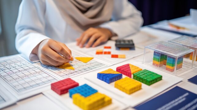 Detailed shot of student hands working on geometric shapes with worksheets and fraction manipulatives arranged blurred in the background.