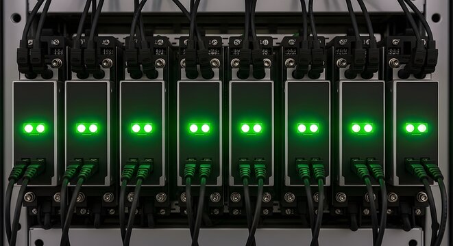 Row of illuminated redundant power supply modules in a technological system
