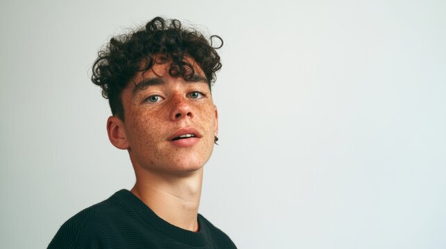 Teenage Boy with Curly Hair, Emo Expression, Against White Background.