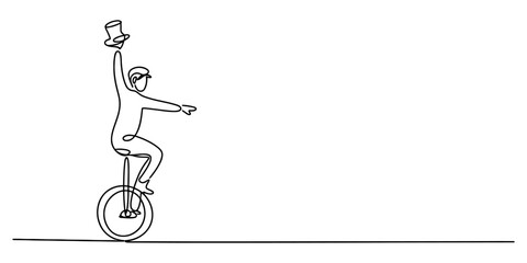A continuous line drawing of a person riding a unicycle while holding a hat in the air gracefully Vector, illustration © Single Line Art