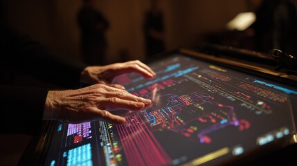 Fototapeta premium Close medium shot of hands composing music on a touchscreen interface with chord progression software instructors attentive posture seen faintly behind.