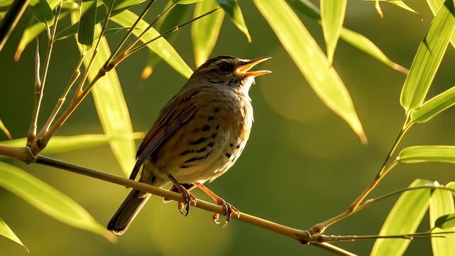 Singing Brown Thrasher Perched on Bamboo Branch in Sunlight