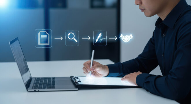 Procurement process management, Digital and paper document approval, contract verification, supplier negotiation, and business purchasing operations using laptop and paper in office environment