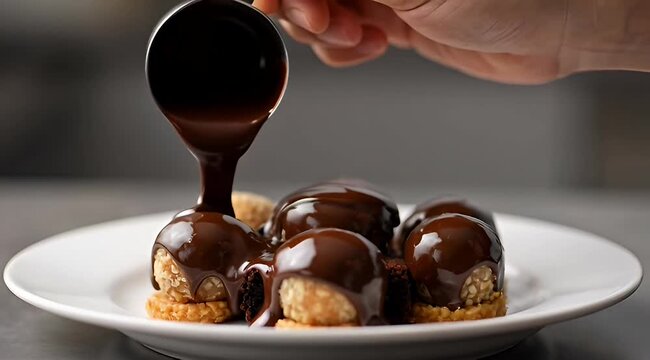 Delicious looking chocolate covered dessert spheres being doused with chocolate syrup