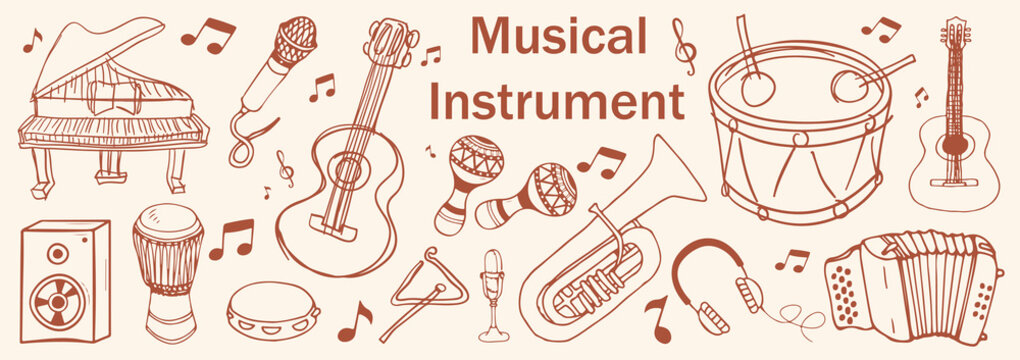vector set of different Musical Instrument types . line art .Musical Instrument  elements set . sketches Musical Instrument art . vector illustration
