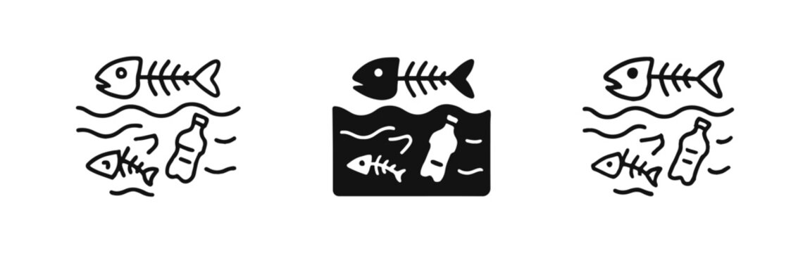 Ocean pollution icons with dead fish and plastic waste in various graphic styles