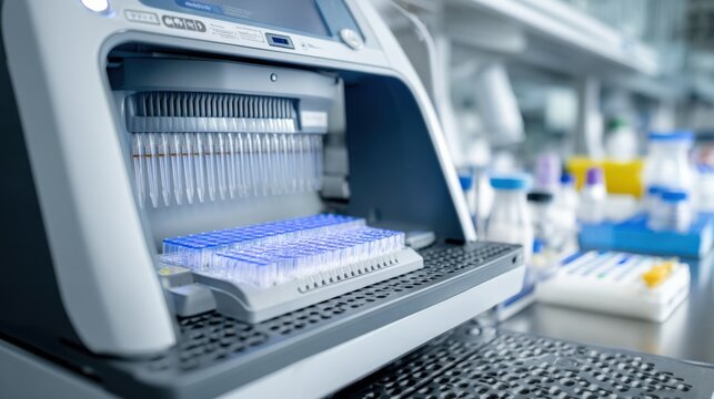 Detailed view of a qPCR setup within a dedicated PCR workstation emphasizing the thermal cycler and micropipettes inside the sterile enclosure background gently out of focus.