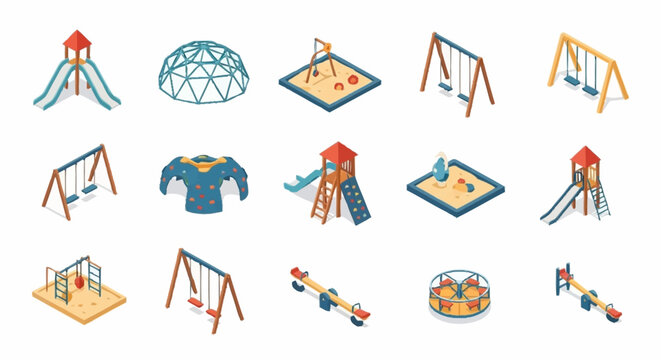 Collection of isometric playground equipment and structures on a white background.