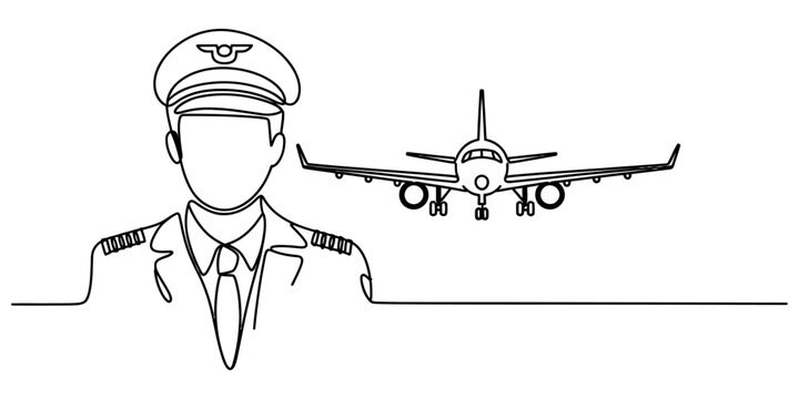 A single continuous line drawing featuring a professional pilot and a flying airplane background Vector, illustration