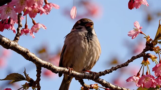 Singing Sparrow on Cherry Blossom Branch in Spring