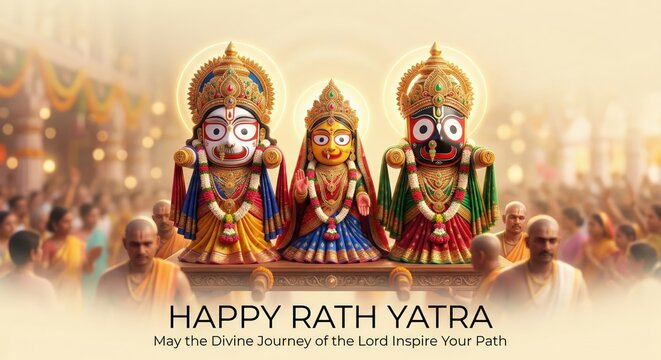 Happy Rath Yatra: Festive floats of the Jagannath, Balabhadra, and Subhadra deities are carried during the annual Rath Yatra festival in India.