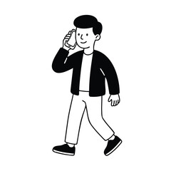Obraz premium Man Walking While Talking on Cell Phone.