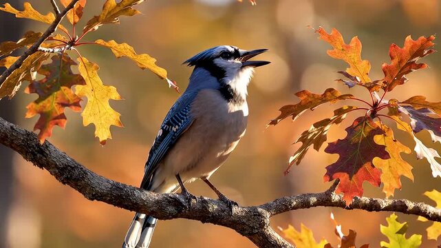 Blue Jay Perched on Branch with Autumn Leaves, Vocalizing