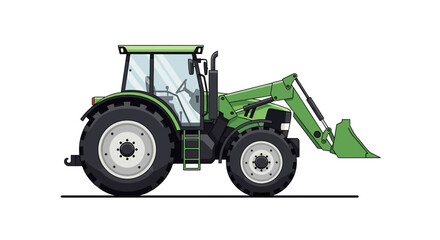 Fototapeta premium Green Tractor with Front Loader, Side View, Vector Illustration.