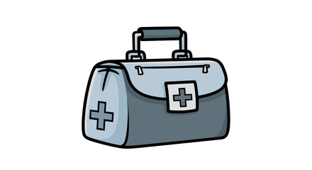 Fototapeta premium A cartoon illustration of a gray medical bag with a white cross symbol on its front and side, representing a first aid kit.