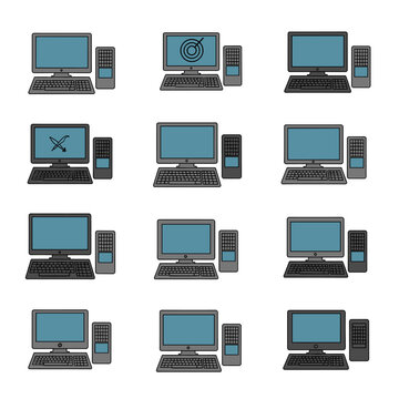 A grid of twelve computer icons, each depicting a desktop computer setup with a monitor, keyboard, and tower, arranged in a 3x4 layout.