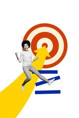 Obraz na płótnie Canvas Vertical creative art collage of excited american girl jump career ladder winning target success stats isolated on painting background