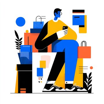 Flat geometric illustration of a seated shopper using a smartphone amid shopping bags and boxes