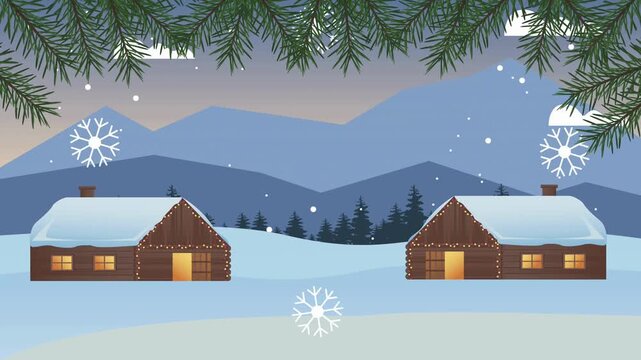 Animated Winter Scene with Log Cabins in Mountain Valley