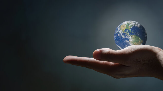 Caring human hand with open palm facing upward holding planet Earth showing hope for global environment protection and future world