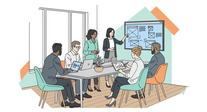 Diverse team collaborates on project planning, presenting website wireframes on screen and analyzing data charts on tablet in a modern office meeting room with pastel accents and