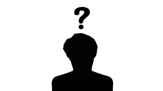Black silhouette of troubled person on white background with question mark above expressing confusion and unsure anonymous mystery