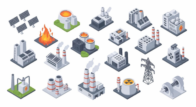 Collection of isometric industrial factory buildings and power generation elements, including solar panels, nuclear power, and traditional factories.