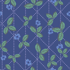 Fototapeta premium Modern leaf and floral pattern with dotted geometric grid on navy blue background for textile print for fabric, seamless pattern design for fashion and home decor