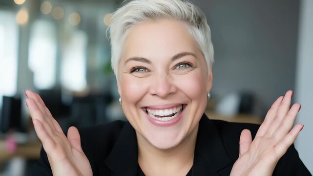 Joyful reaction sequence: excited woman expressing delight in living room setting