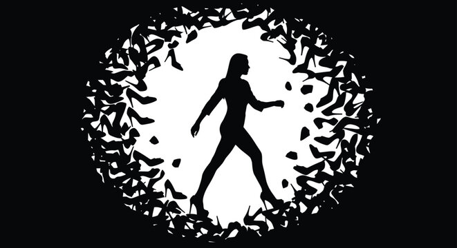 A minimalist vector illustration of a woman breaking free from constraints in a bold, flat design