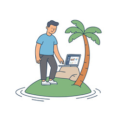 Fototapeta premium Man working on laptop on a small island paradise.