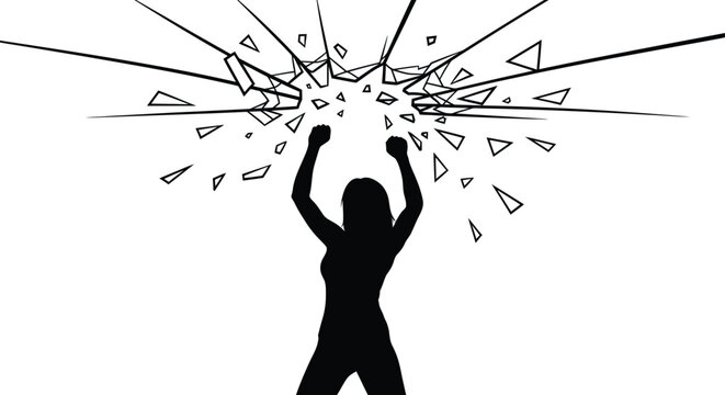 A powerful woman smashing through a glass ceiling in a bold, minimalist vector illustration