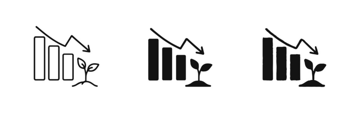 Economic decline icon set with bar chart, down arrow, and plant in line, solid, and sketch styles