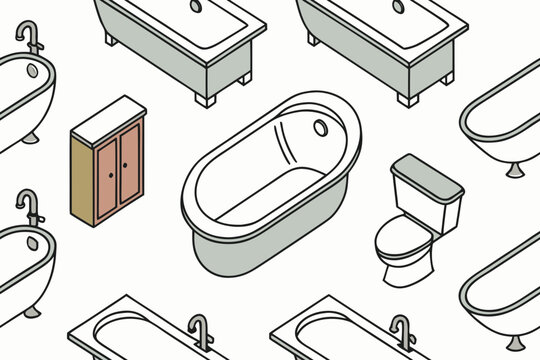 An isometric line drawing illustrates a repeating pattern of bathroom elements, including bathtubs, toilets, and a small cabinet, set against a white background.