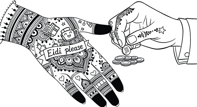 A vector graphic illustration of two hands with henna designs exchanging coins