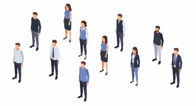 A diverse group of people standing in a scattered formation, depicted in a flat, isometric illustration style.