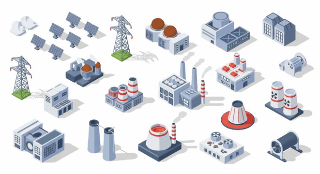 Collection of isometric industrial buildings and power generation elements, including solar panels, power lines, factories, and power plants.
