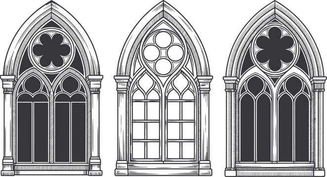 Gothic architectural window designs with tracery and quatrefoil motifs, vintage style.