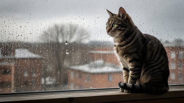 A tabby cat sits on a wooden windowsill, looking out a rain-streaked window at blurred buildings and trees in the background on a gloomy day.